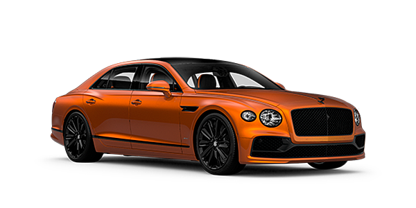 Bentley Paris Seine Bentley Flying Spur Speed front side angled view in Orange Flame coloured exterior. 