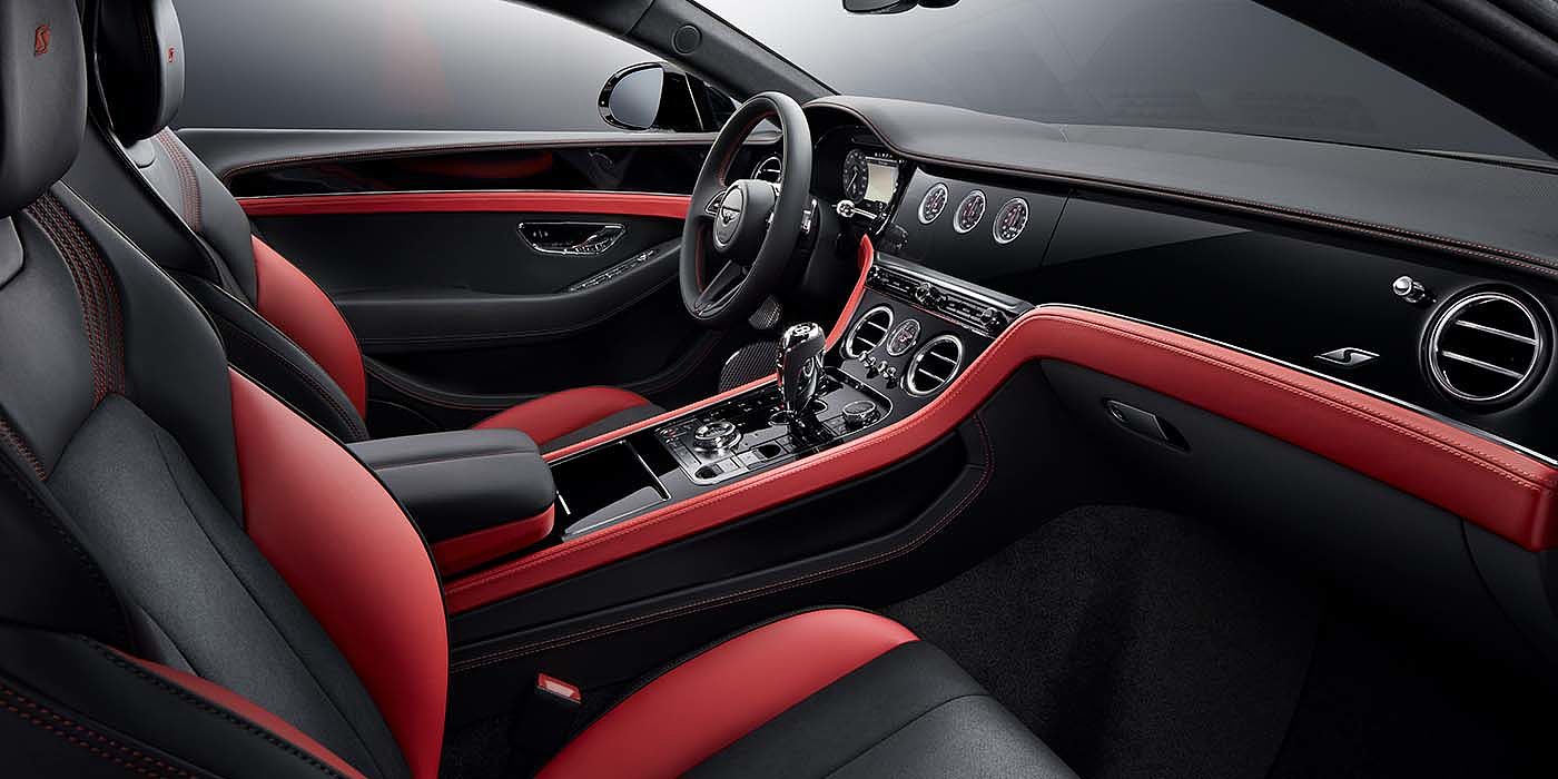 Bentley Paris Seine Bentley Continental GT S coupe front interior in Beluga black and Hotspur red hide with high gloss Carbon Fibre veneer