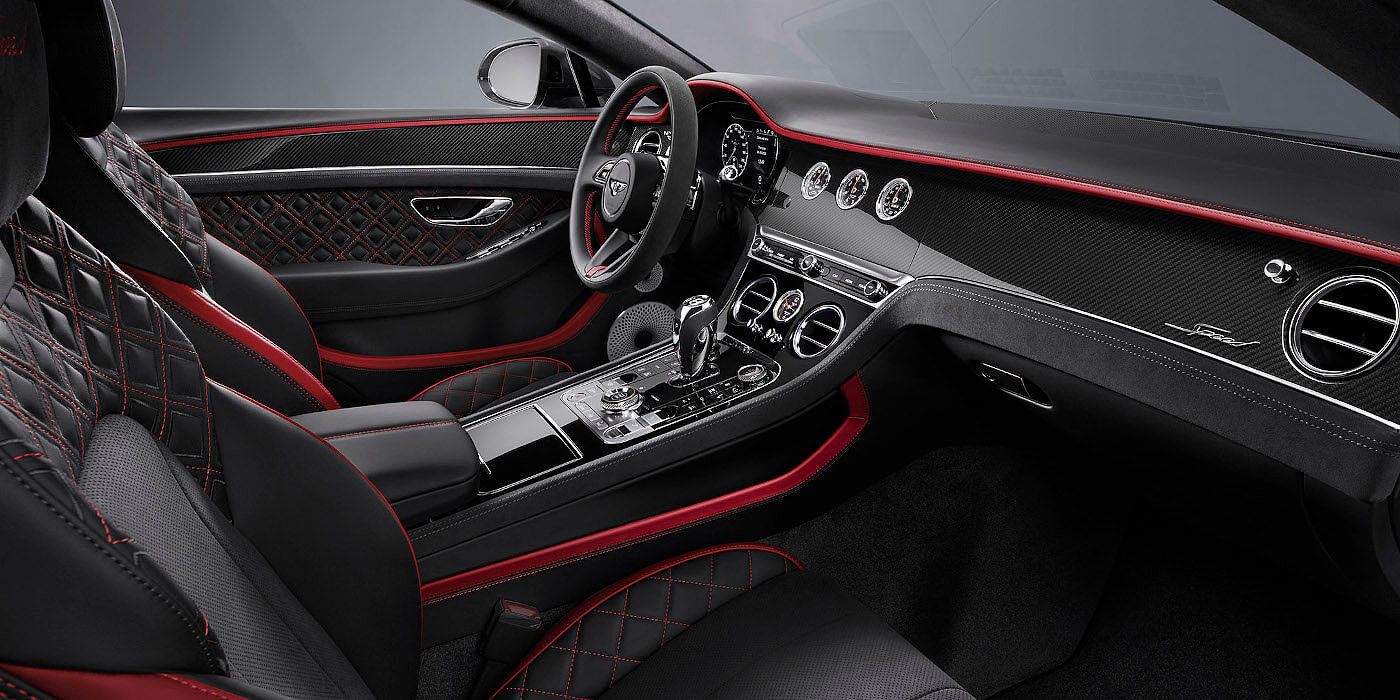 Bentley Paris Seine Bentley Continental GT Speed coupe front interior in Beluga black and Hotspur red hide