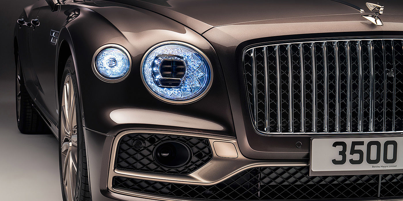 Bentley Paris Seine Bentley Flying Spur Odyssean sedan front grille and illuminated led lamps with Brodgar brown paint