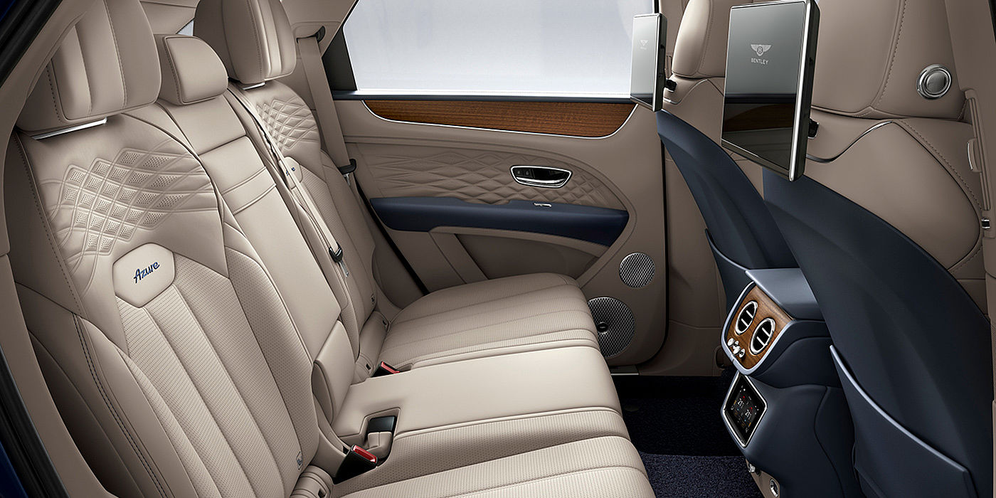Bentley Paris Seine Bentey Bentayga Azure interior view for rear passengers with Portland hide and Rear Seat Entertainment. 
