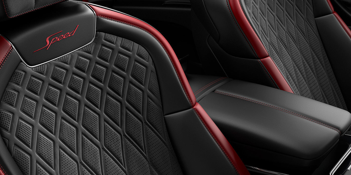 Bentley Paris Seine Bentley Flying Spur Speed sedan seat stitching detail in Beluga black and Cricket Ball red hide