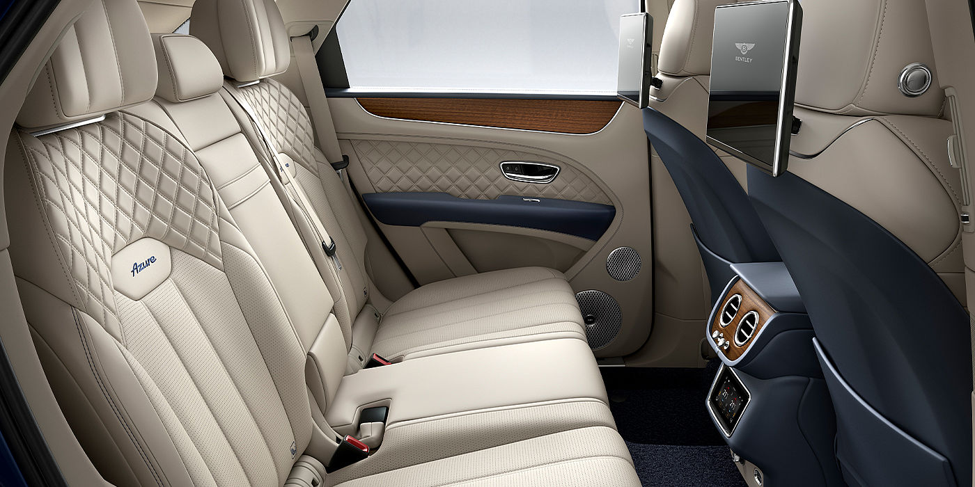 Bentley Paris Seine Bentley Bentayga Azure SUV rear interior in Imperial Blue and Linen hide