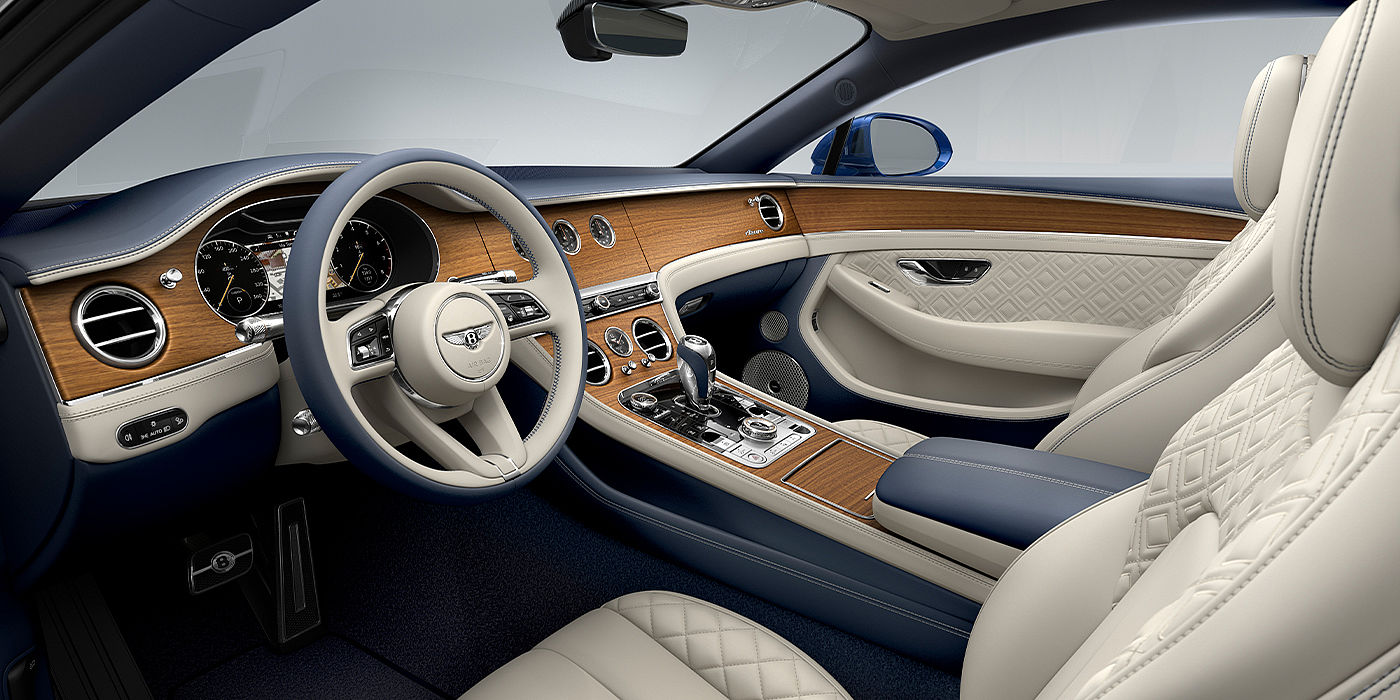 Bentley Paris Seine Bentley Continental GT Azure coupe front interior in Imperial Blue and linen hide