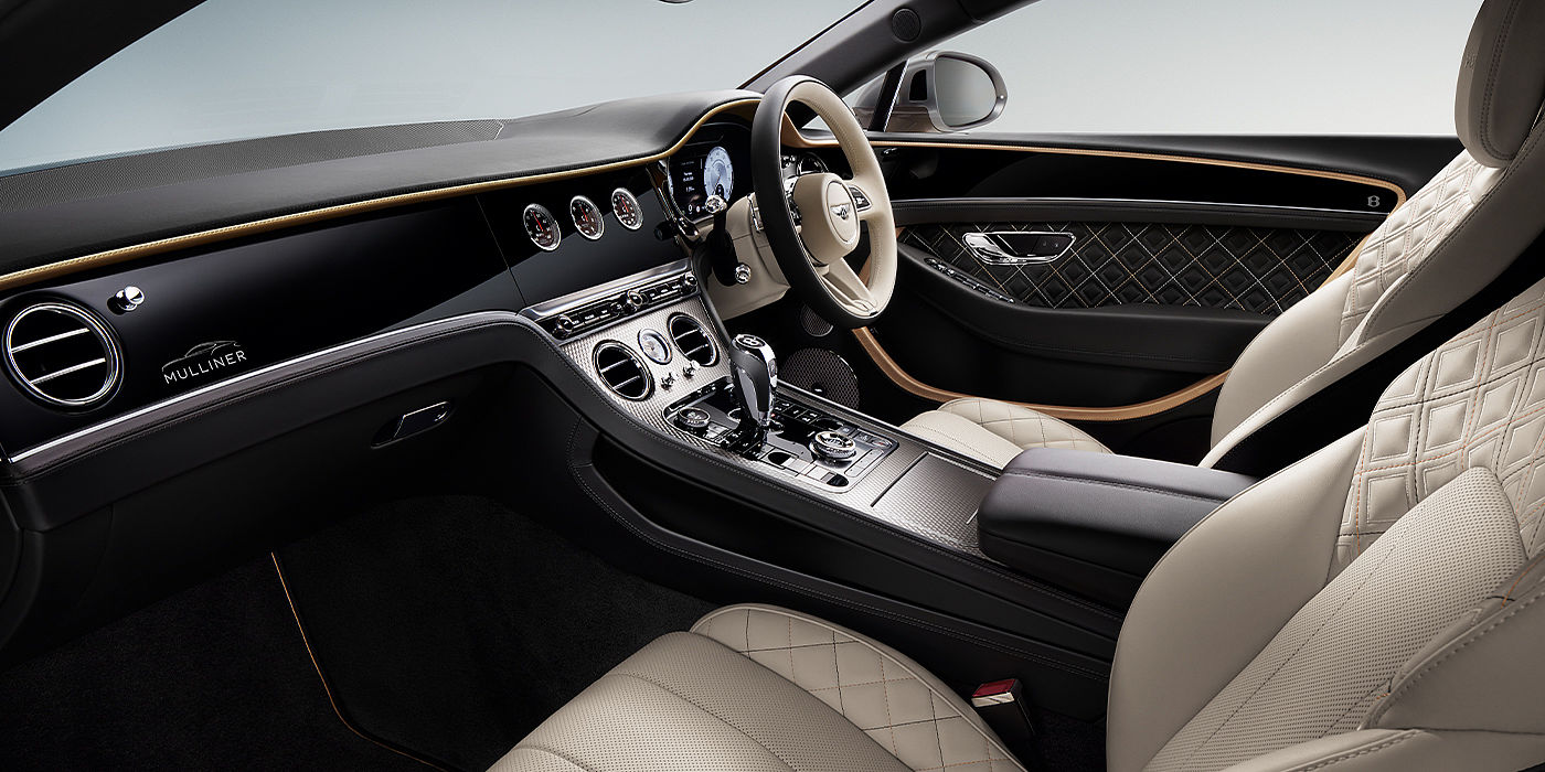 Bentley Paris Seine Bentley Continental GT Mulliner coupe front interior in Beluga black and Linen hide