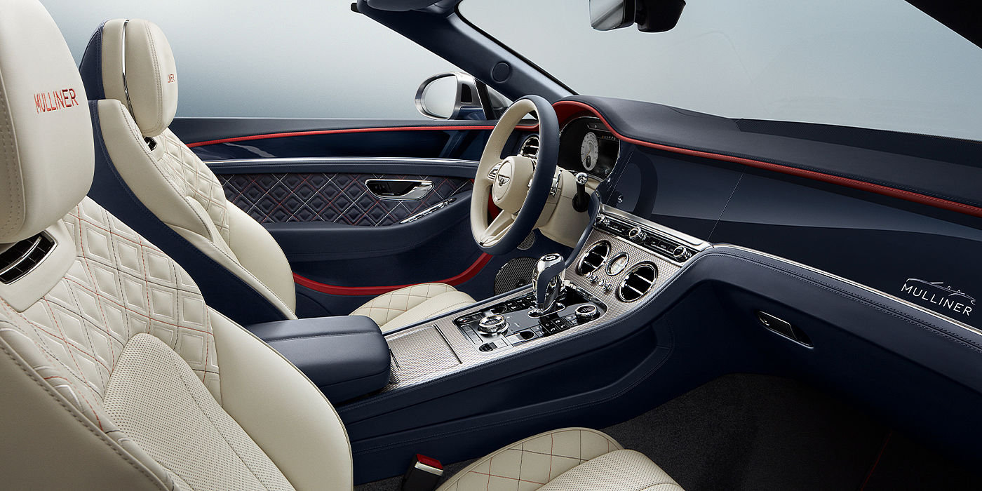 Bentley Paris Seine Bentley Continental GTC Mulliner convertible front interior in Imperial Blue and Linen hide