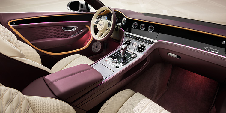 Bentley Paris Seine Bentley Continental GTC Mulliner convertible front interior including Linen and Damson purple hides and Grand Black veneer